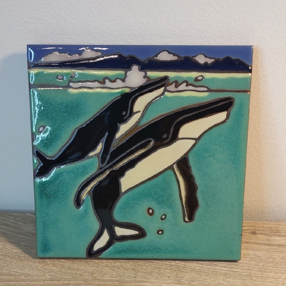 Hand Painted Humpback Whales Sea Painting Wall Decor Trivet 6"